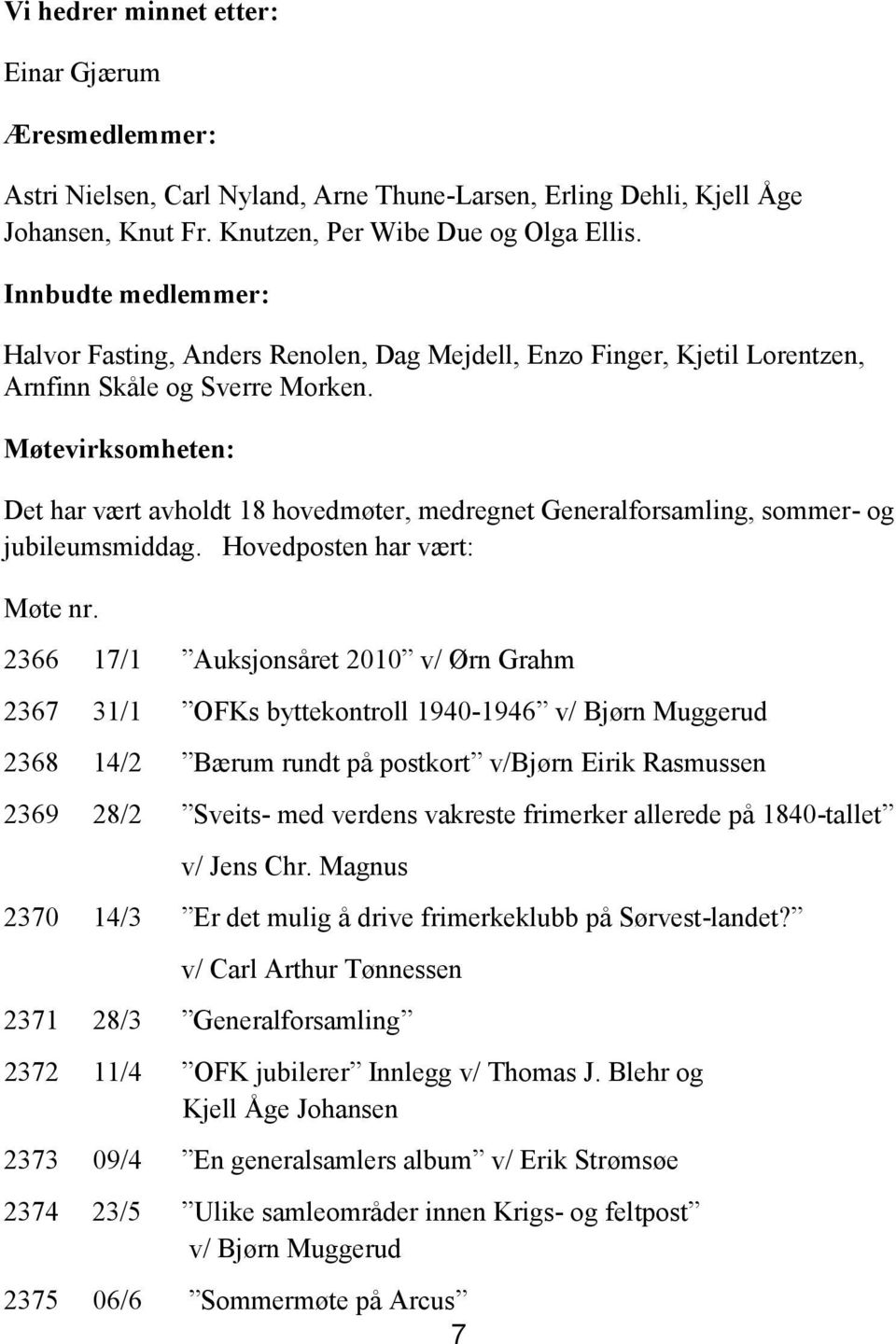 Møtevirksomheten: Det har vært avholdt 18 hovedmøter, medregnet Generalforsamling, sommer- og jubileumsmiddag. Hovedposten har vært: Møte nr.