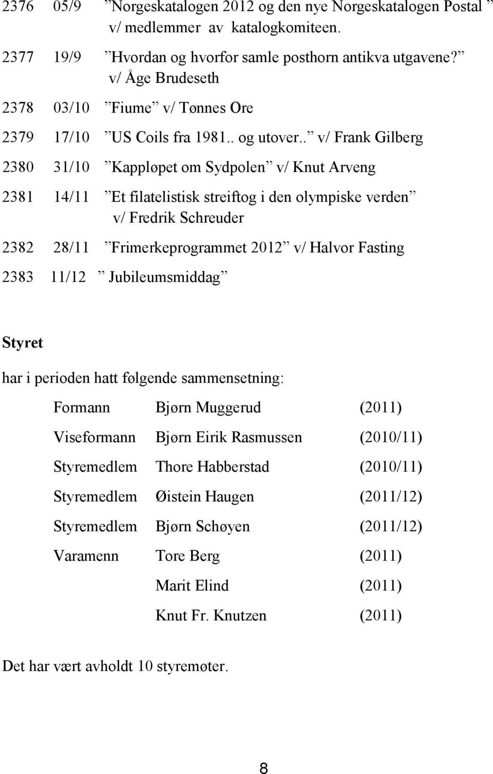 . v/ Frank Gilberg 2380 31/10 Kappløpet om Sydpolen v/ Knut Arveng 2381 14/11 Et filatelistisk streiftog i den olympiske verden v/ Fredrik Schreuder 2382 28/11 Frimerkeprogrammet 2012 v/ Halvor