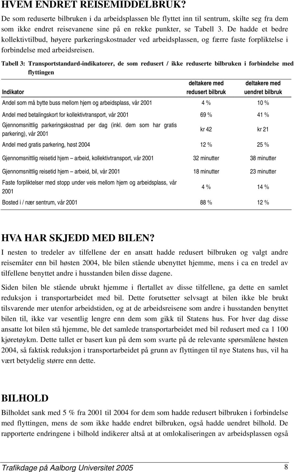 Tabell 3: Transportstandard-indikatorer, de som redusert / ikke reduserte bilbruken i forbindelse med flyttingen deltakere med deltakere med Indikator redusert bilbruk uendret bilbruk Andel som må