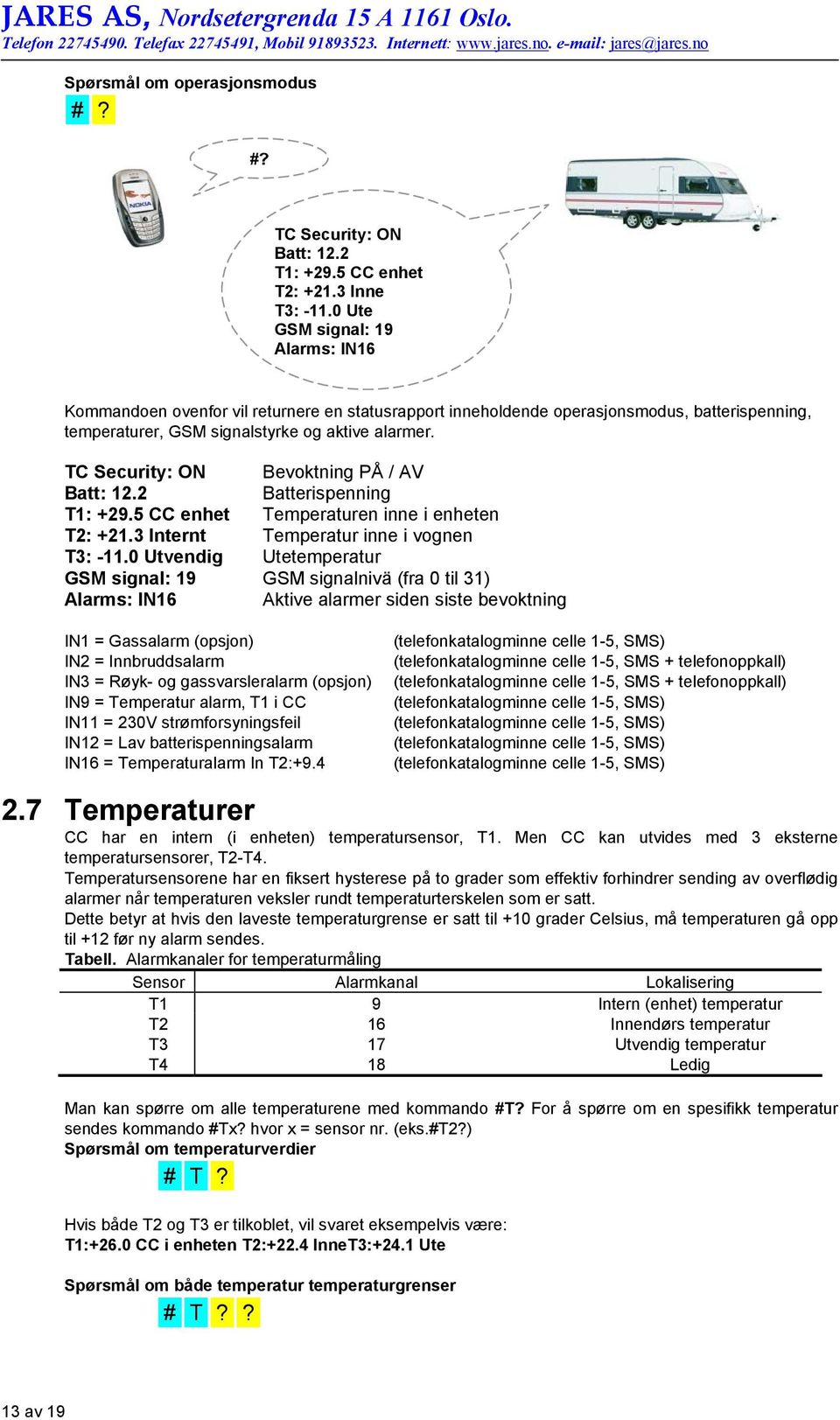 TC Security: ON Bevoktning PÅ / AV Batt: 12.2 Batterispenning T1: +29.5 CC enhet Temperaturen inne i enheten T2: +21.3 Internt Temperatur inne i vognen T3: -11.