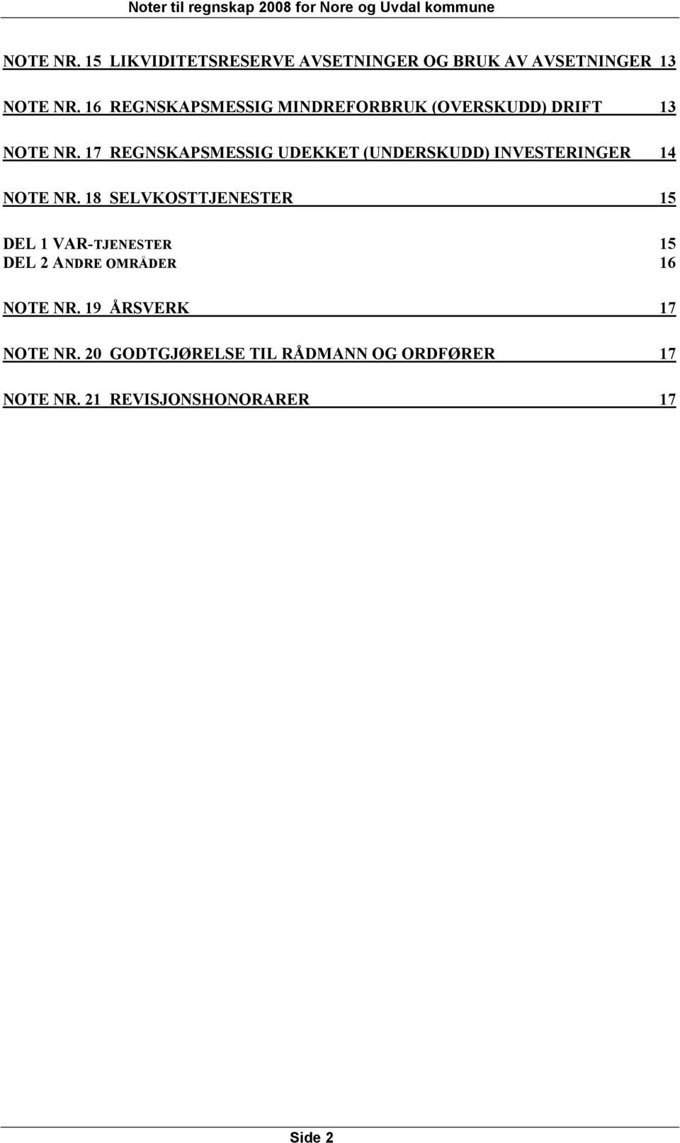 17 REGNSKAPSMESSIG UDEKKET (UNDERSKUDD) INVESTERINGER 14 NOTE NR.