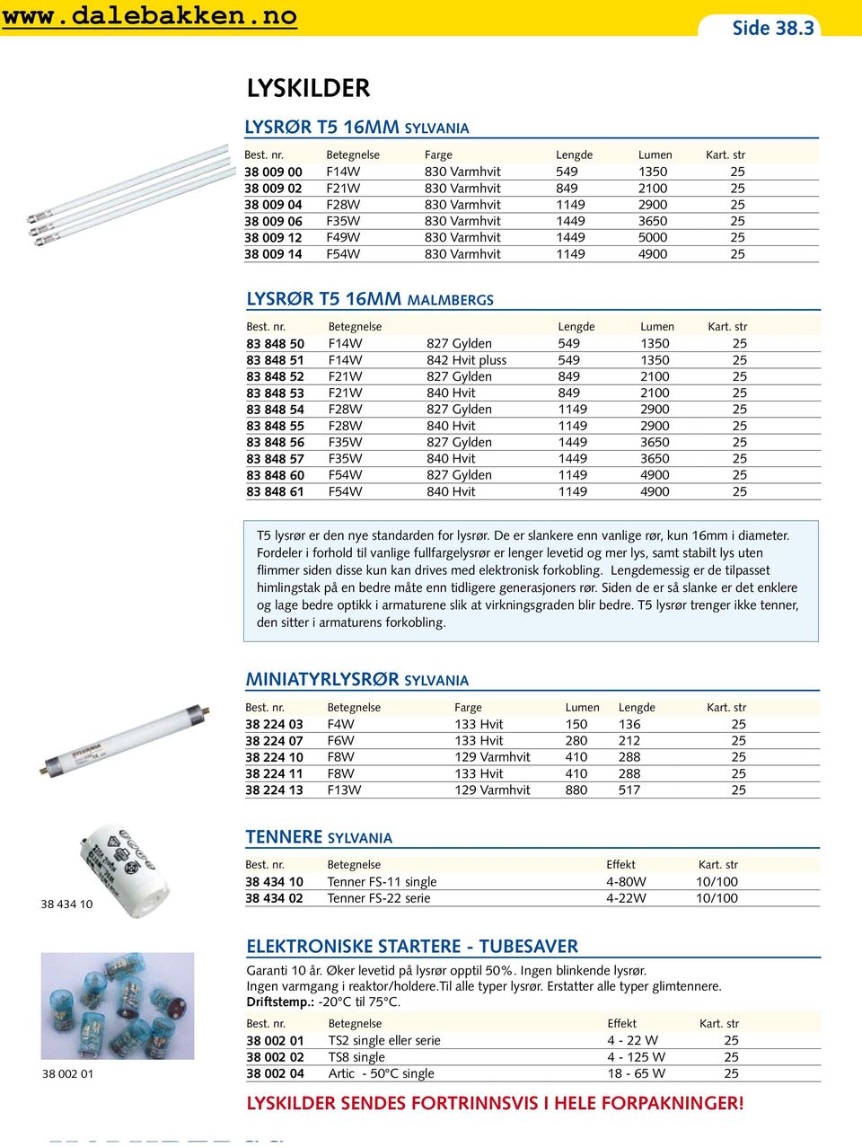 5000 25 38 009 14 F54W 830 Varmhvit 1149 4900 25 LYSRØR T5 16mm MALMBERGS Best. nr. Betegnelse Lengde Lumen Kart.