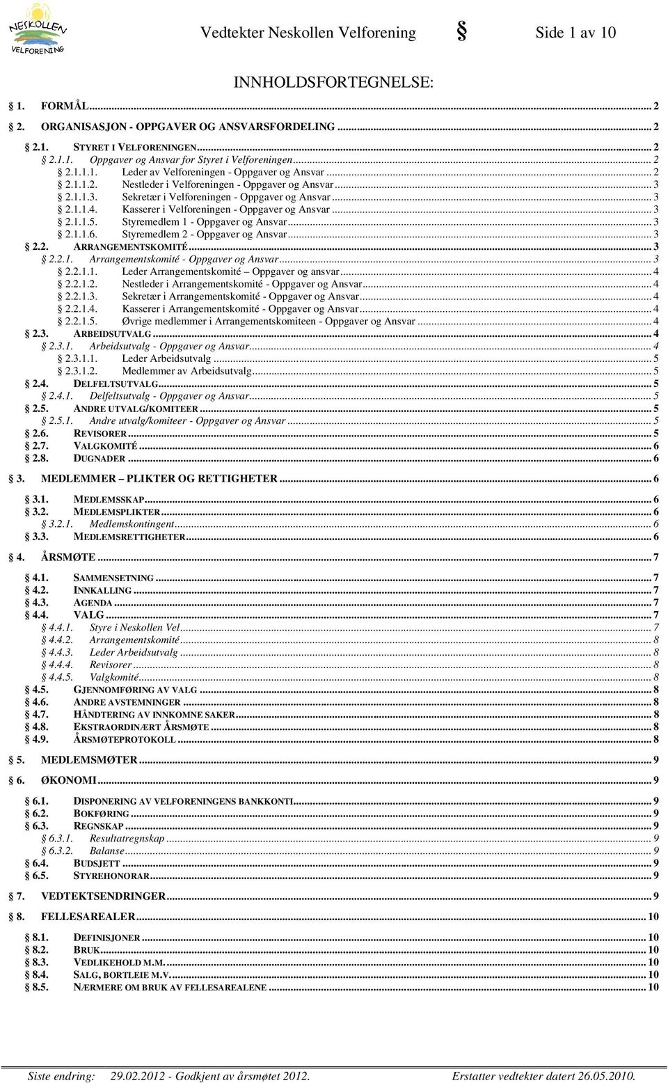 Kasserer i Velforeningen - Oppgaver og Ansvar... 3 2.1.1.5. Styremedlem 1 - Oppgaver og Ansvar... 3 2.1.1.6. Styremedlem 2 - Oppgaver og Ansvar... 3 2.2. ARRANGEMENTSKOMITÉ... 3 2.2.1. Arrangementskomité - Oppgaver og Ansvar.