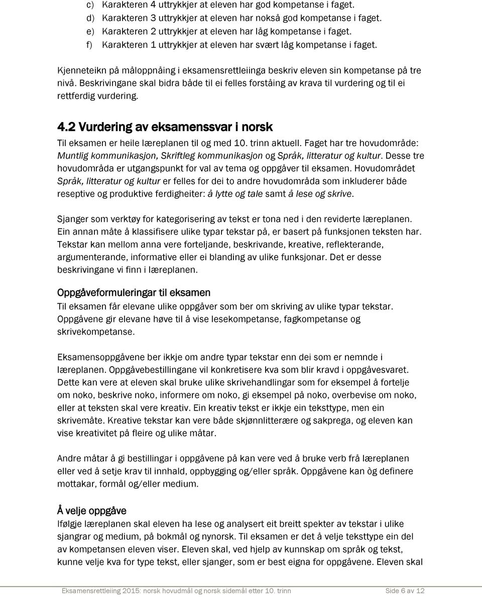 Beskrivingane skal bidra både til ei felles forståing av krava til vurdering og til ei rettferdig vurdering. 4.2 Vurdering av eksamenssvar i norsk Til eksamen er heile læreplanen til og med 10.