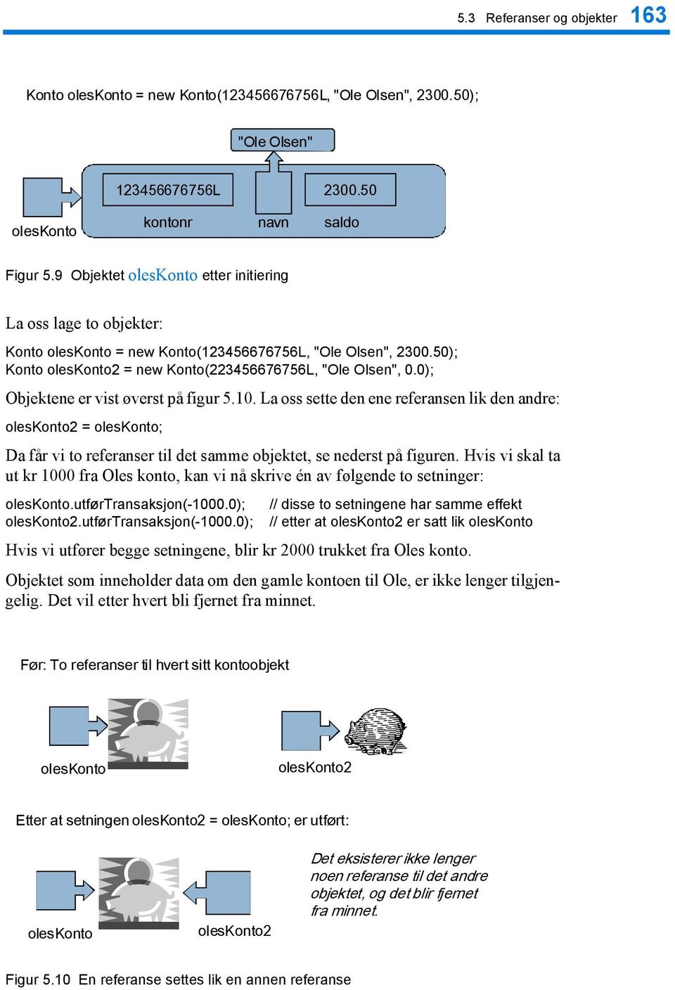 0); Objektene er vist øverst på figur 5.10. La oss sette den ene referansen lik den andre: oleskonto2 = oleskonto; Da får vi to referanser til det samme objektet, se nederst på figuren.