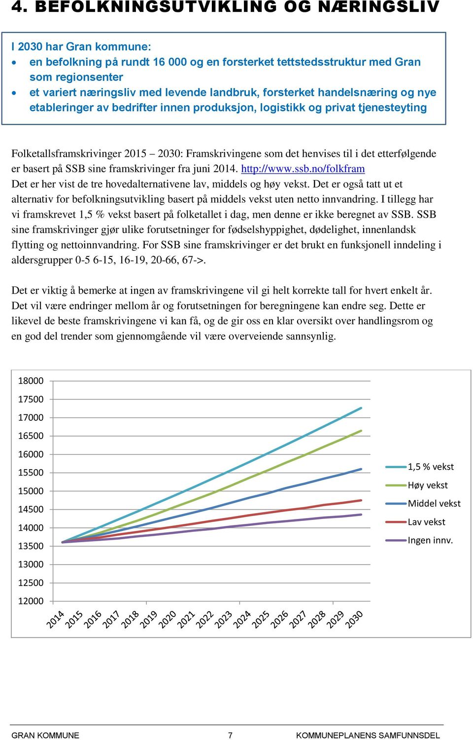 etterfølgende er basert på SSB sine framskrivinger fra juni 2014. http://www.ssb.no/folkfram Det er her vist de tre hovedalternativene lav, middels og høy vekst.