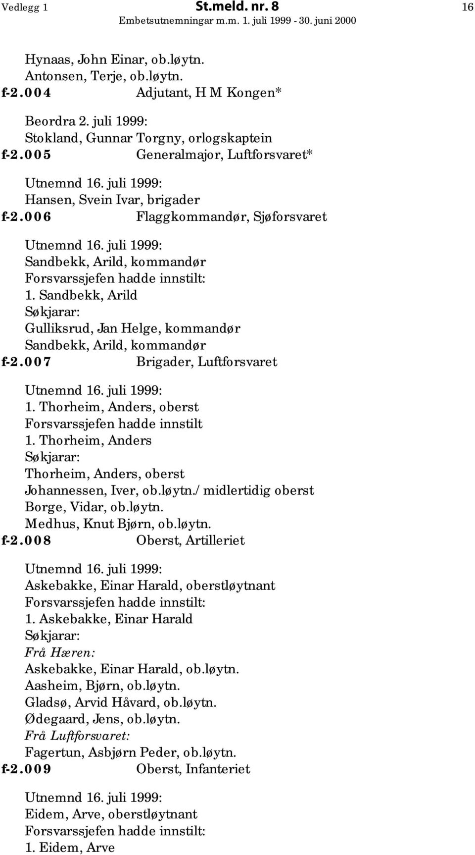 juli 1999: Sandbekk, Arild, kommandør Forsvarssjefen hadde innstilt: 1. Sandbekk, Arild Gulliksrud, Jan Helge, kommandør Sandbekk, Arild, kommandør f-2.007 Brigader, Luftforsvaret Utnemnd 16.