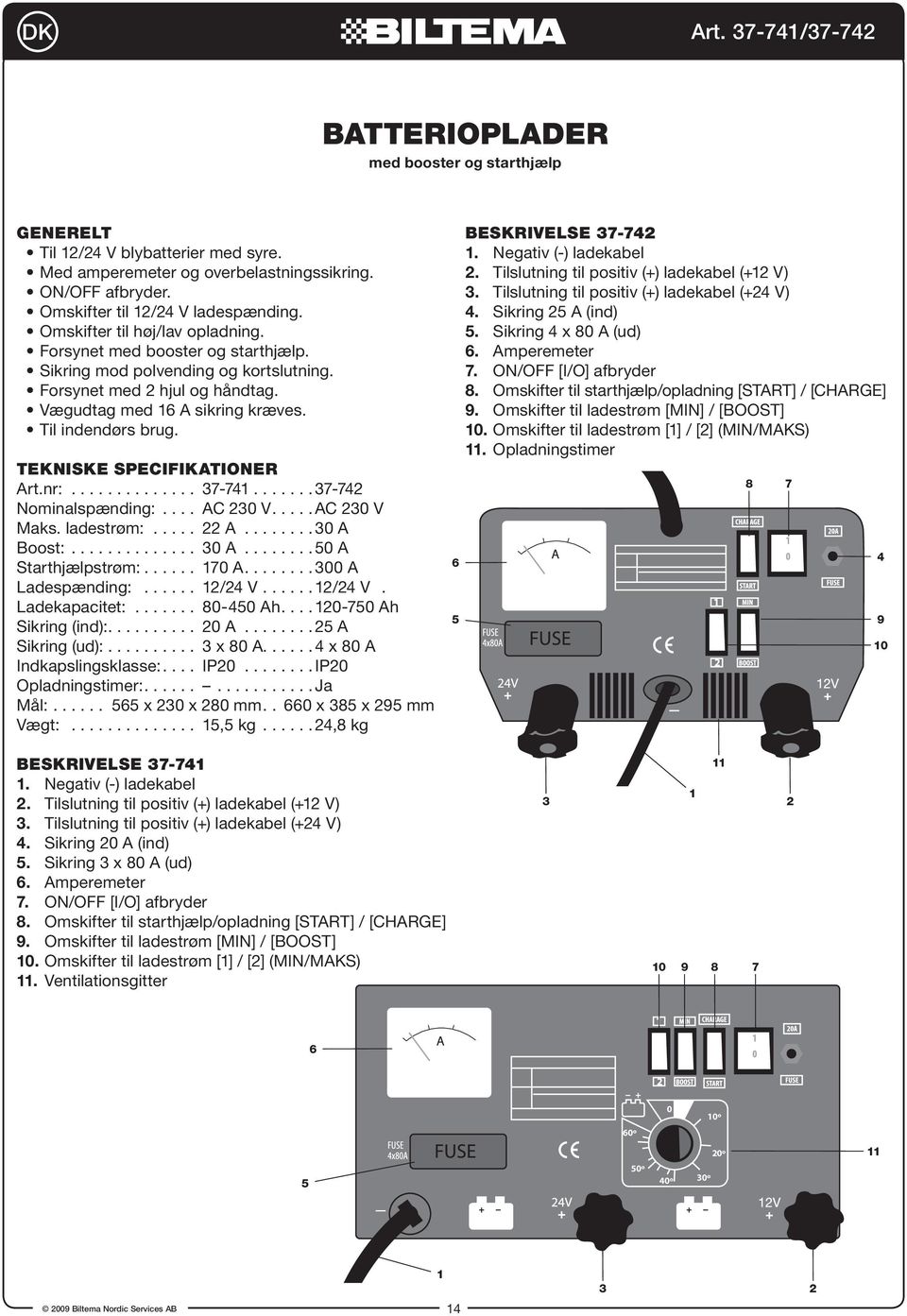 TEKNISKE SPECIFIKATIONER Art.nr:.............. 37-741...37-742 Nominalspænding:.... AC 230 V...AC 230 V Maks. ladestrøm:..... 22 A........ 30 A Boost:.............. 30 A........ 50 A Starthjælpstrøm:.