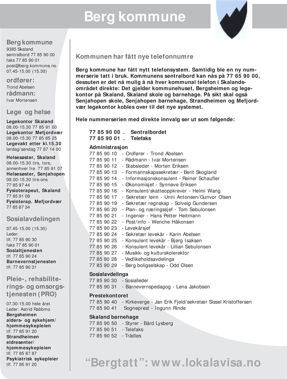 00-15.30 tirs, tors, annenhver fre. 77 85 91 07 Helsesøster, Senjahopen 08.00-15.30 tirs-ons 77 85 97 44 Fysioterapeut, Skaland 77 85 91 08 Fysioterap. Mefjordvær 77 85 87 34 Sosialavdelingen 07.