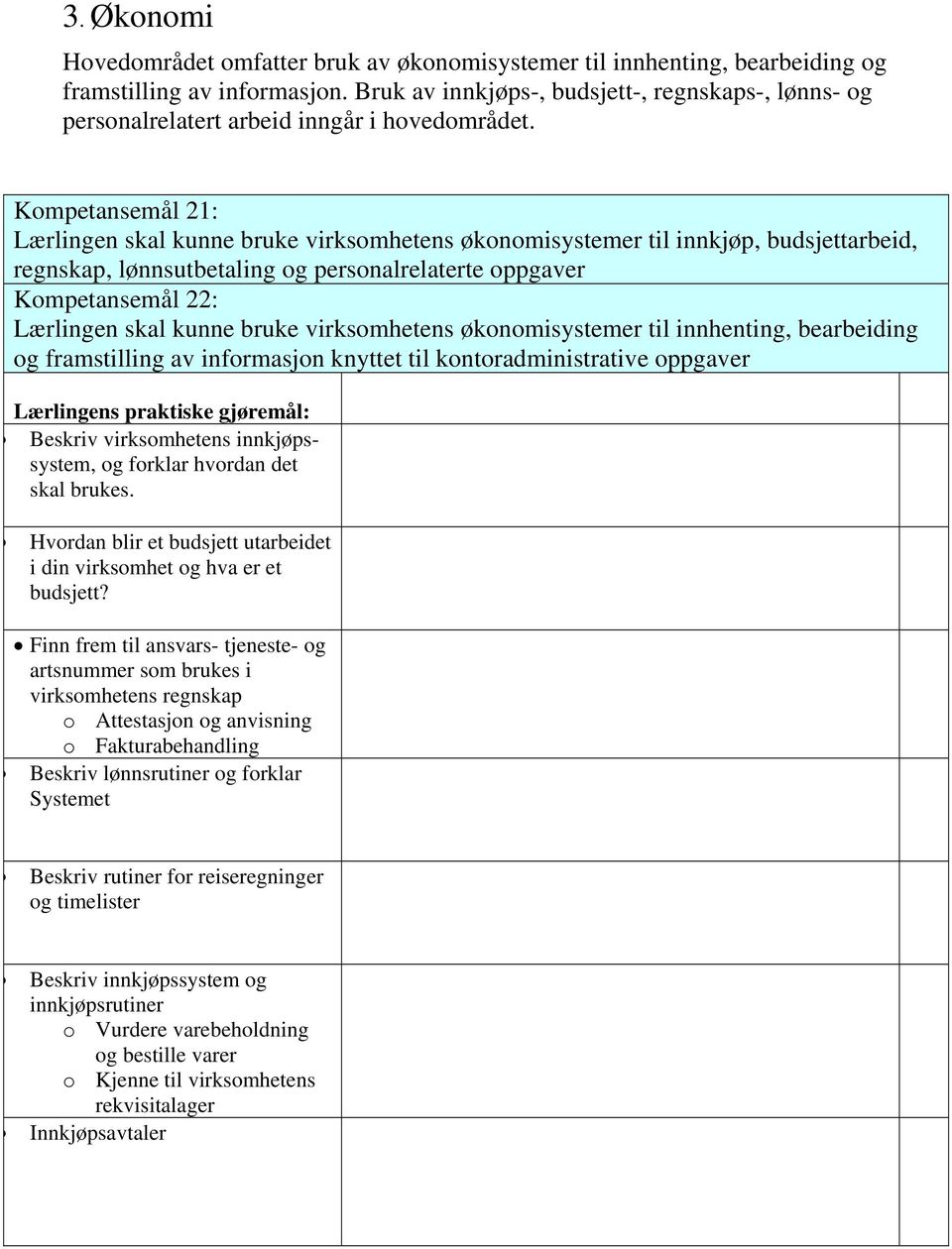 Kompetansemål 21: Lærlingen skal kunne bruke virksomhetens økonomisystemer til innkjøp, budsjettarbeid, regnskap, lønnsutbetaling og personalrelaterte oppgaver Kompetansemål 22: Lærlingen skal kunne