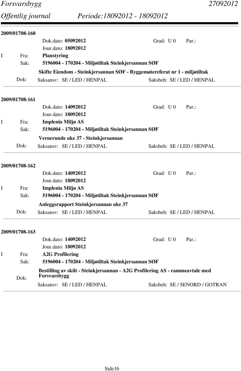 HENPAL 2009/01708-161 I Fra: Implenia Miljø AS Sak: 5196004-170204 - Miljøtiltak Steinkjersannan SØF Vernerunde uke 37 - Steinkjersannan Saksansv: SE / LED / HENPAL Saksbeh: SE / LED / HENPAL