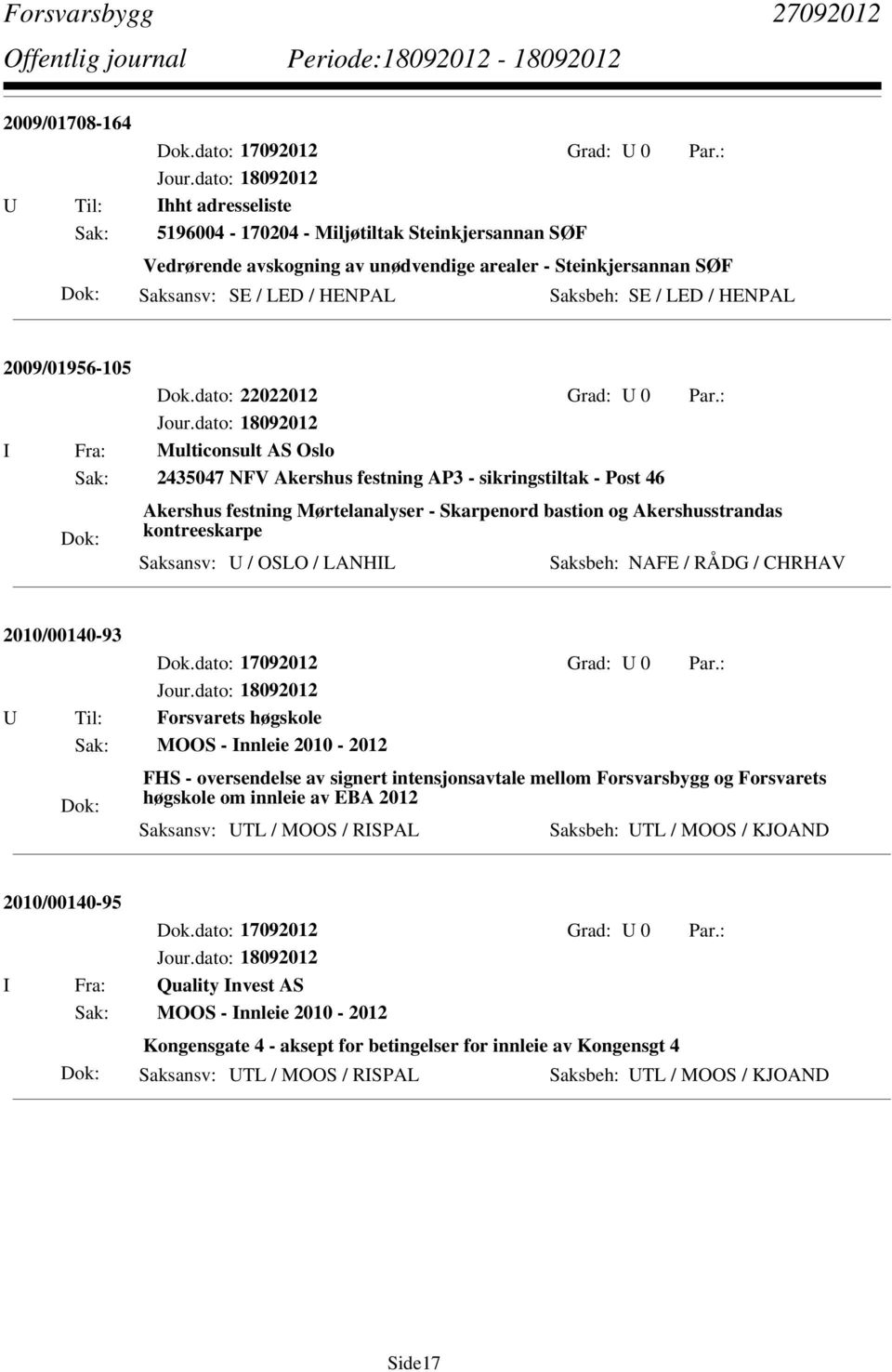 : I Fra: Multiconsult AS Oslo Sak: 2435047 NFV Akershus festning AP3 - sikringstiltak - Post 46 Akershus festning Mørtelanalyser - Skarpenord bastion og Akershusstrandas kontreeskarpe Saksansv: U /