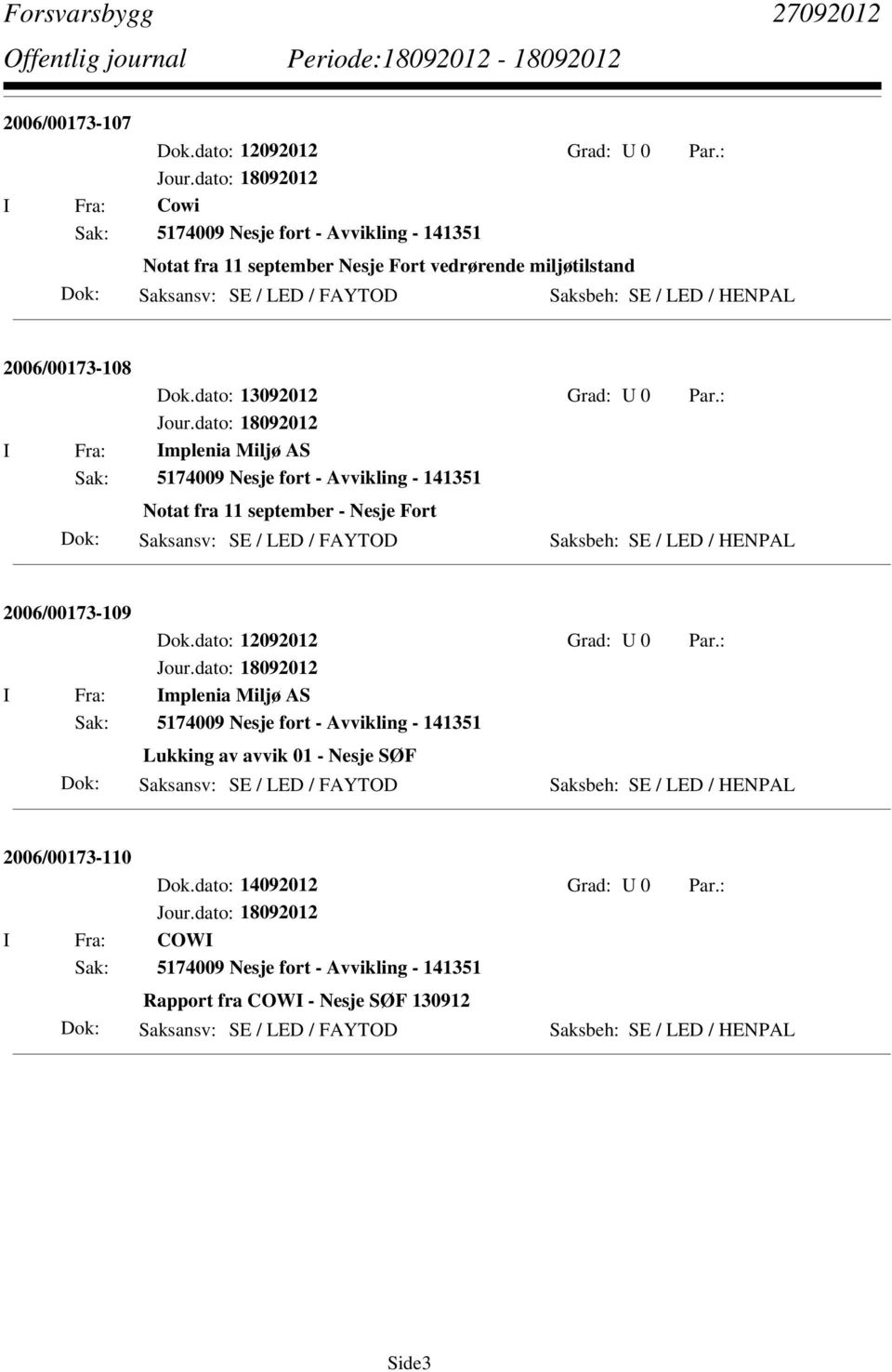 : I Fra: Implenia Miljø AS Sak: 5174009 Nesje fort - Avvikling - 141351 Notat fra 11 september - Nesje Fort Saksansv: SE / LED / FAYTOD Saksbeh: SE / LED / HENPAL 2006/00173-109 I Fra: