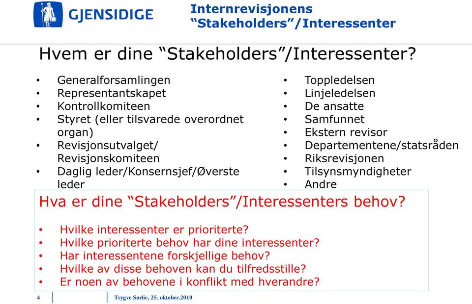 leder/konsernsjef/øverste leder Hva er dine Stakeholders /Interessenters behov? Hvilke interessenter er prioriterte? Hvilke prioriterte behov har dine interessenter?