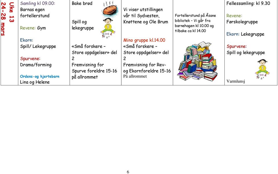 forskere Store oppdgelser» del 2 Fremvisning for Spurve foreldre 15-16 på allrommet Vi viser utstillingen vår til, Knøttene og Ole Brum Mino gruppe