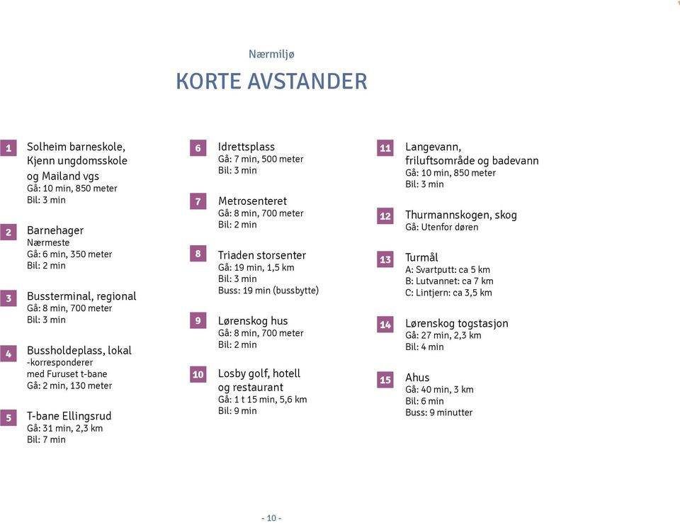 min 7 8 9 10 Metrosenteret Gå: 8 min, 700 meter Bil: 2 min riaden storsenter Gå: 19 min, 1,5 km Bil: 3 min Buss: 19 min (bussbytte) Lørenskog hus Gå: 8 min, 700 meter Bil: 2 min Losby golf, hotell og