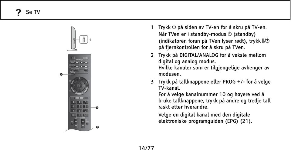 2 Trykk på DIGITAL/ANALOG for å veksle mellom digital og analog modus. Hvilke kanaler som er tilgjengelige avhenger av modusen.