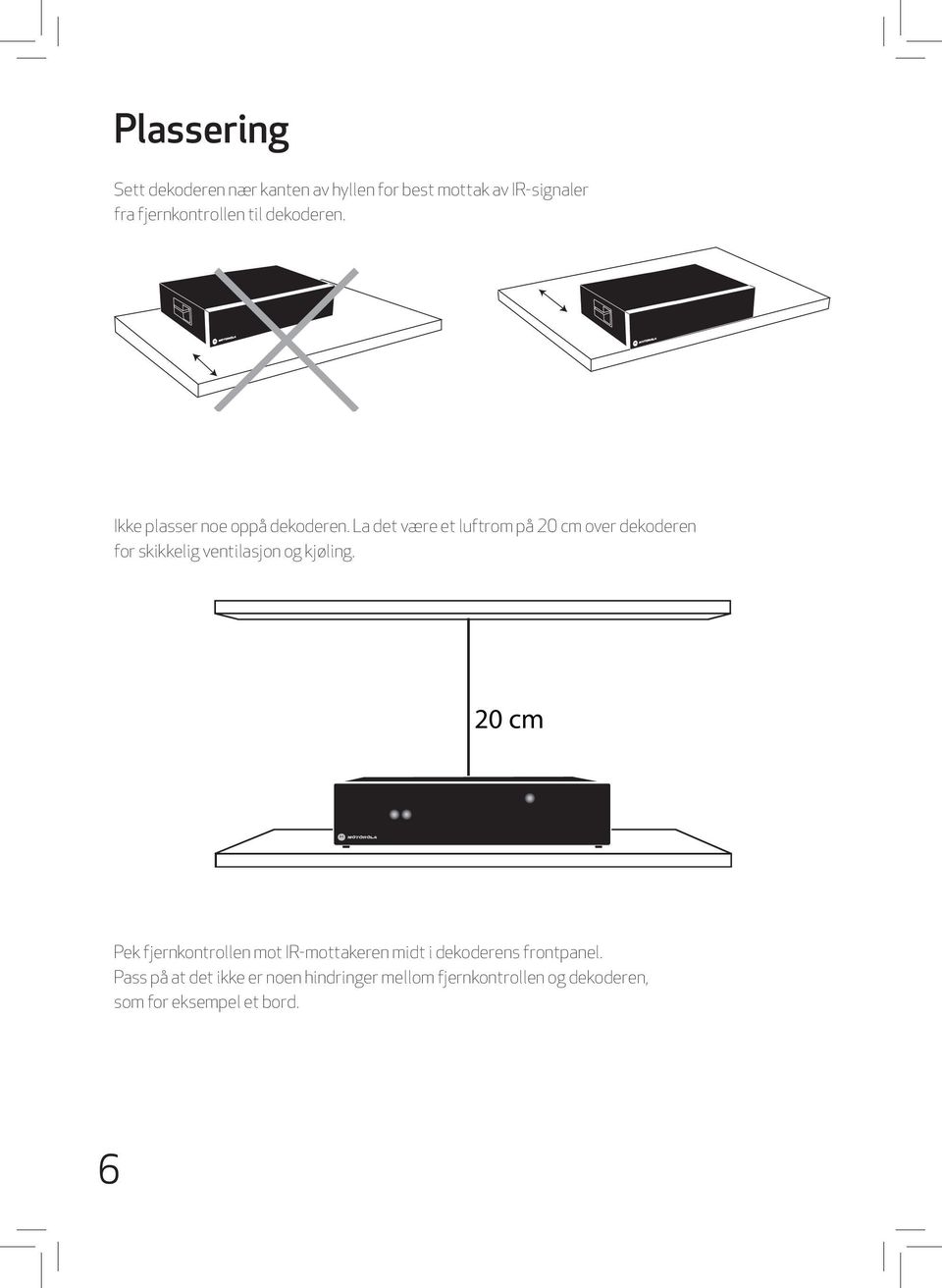 La det være et luftrom på 20 cm over dekoderen for skikkelig ventilasjon og kjøling.