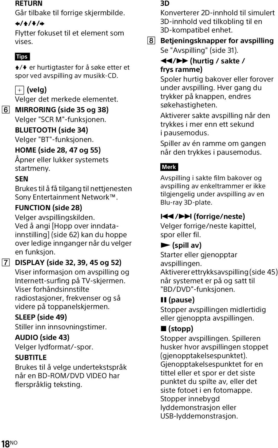 SEN Brukes til å få tilgang til nettjenesten Sony Entertainment Network. FUNCTION (side 28) Velger avspillingskilden.