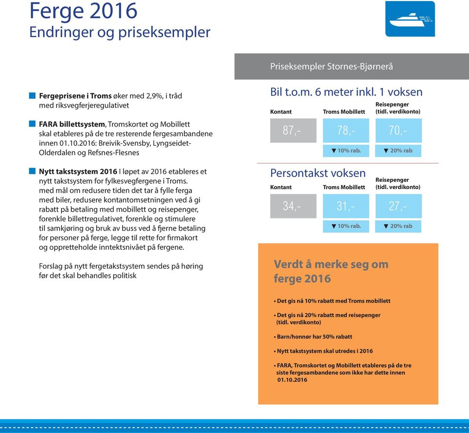 2016: Breivik-Svensby, Lyngseidet- Olderdalen og Refsnes-Flesnes Nytt takstsystem 2016 I løpet av 2016 etableres et nytt takstsystem for fylkesvegfergene i Troms.