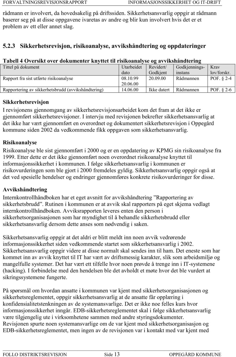 3 Sikkerhetsrevisjon, risikoanalyse, avvikshåndtering og oppdateringer Tabell 4 Oversikt over dokumenter knyttet til risikoanalyse og avvikshåndtering Tittel på dokument Utarbeidet dato Revidert/