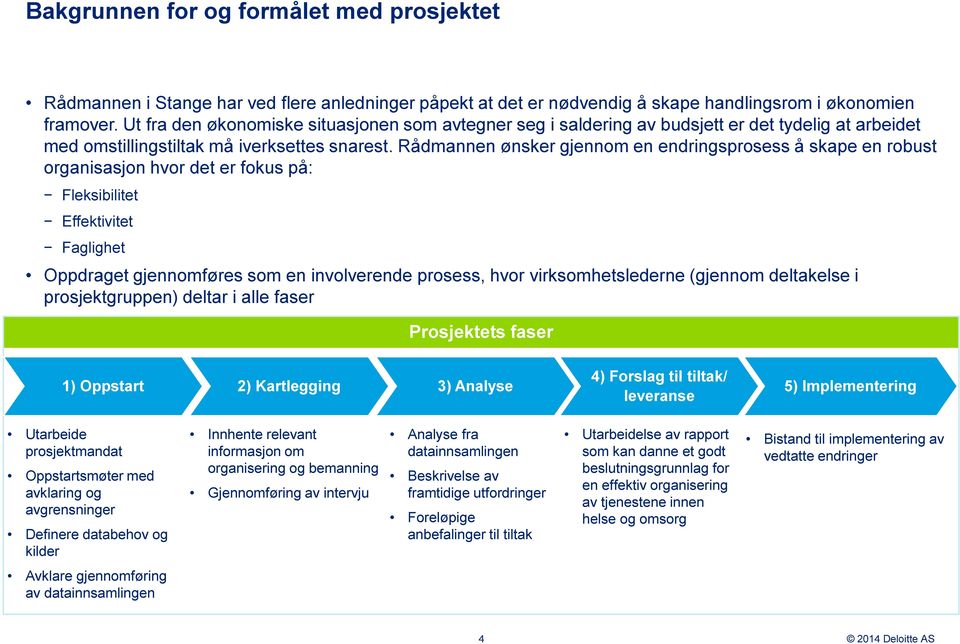 Rådmannen ønsker gjennom en endringsprosess å skape en robust organisasjon hvor det er fokus på: Fleksibilitet Effektivitet Faglighet Oppdraget gjennomføres som en involverende prosess, hvor