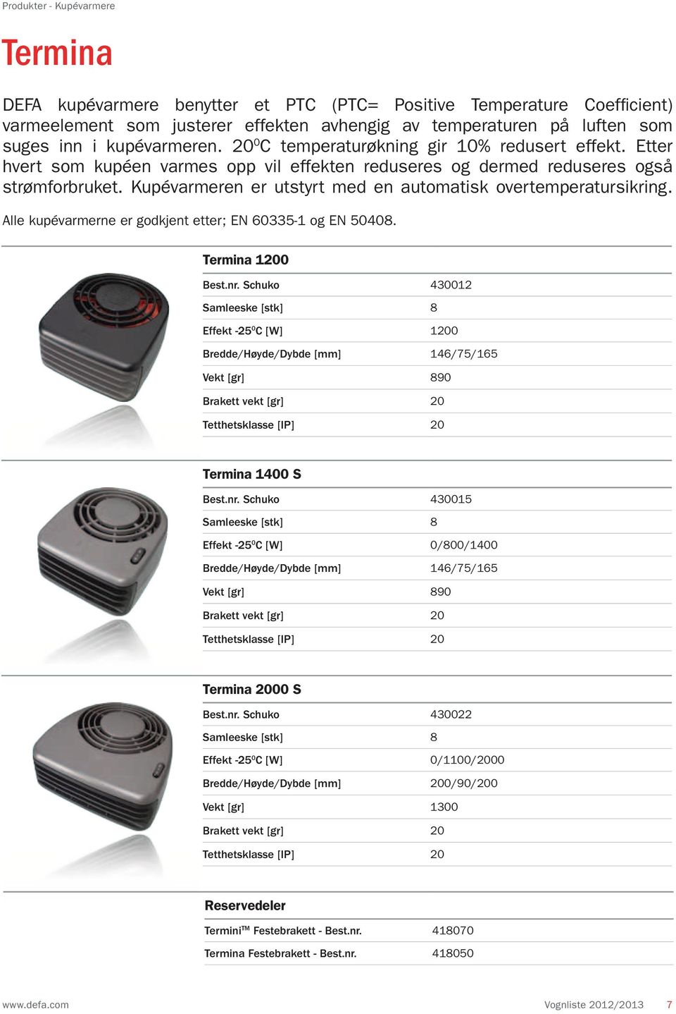 Kupévarmeren er utstyrt med en automatisk overtemperatursikring. lle kupévarmerne er godkjent etter; EN 60335-1 og EN 50408. Termina 1200 est.nr.