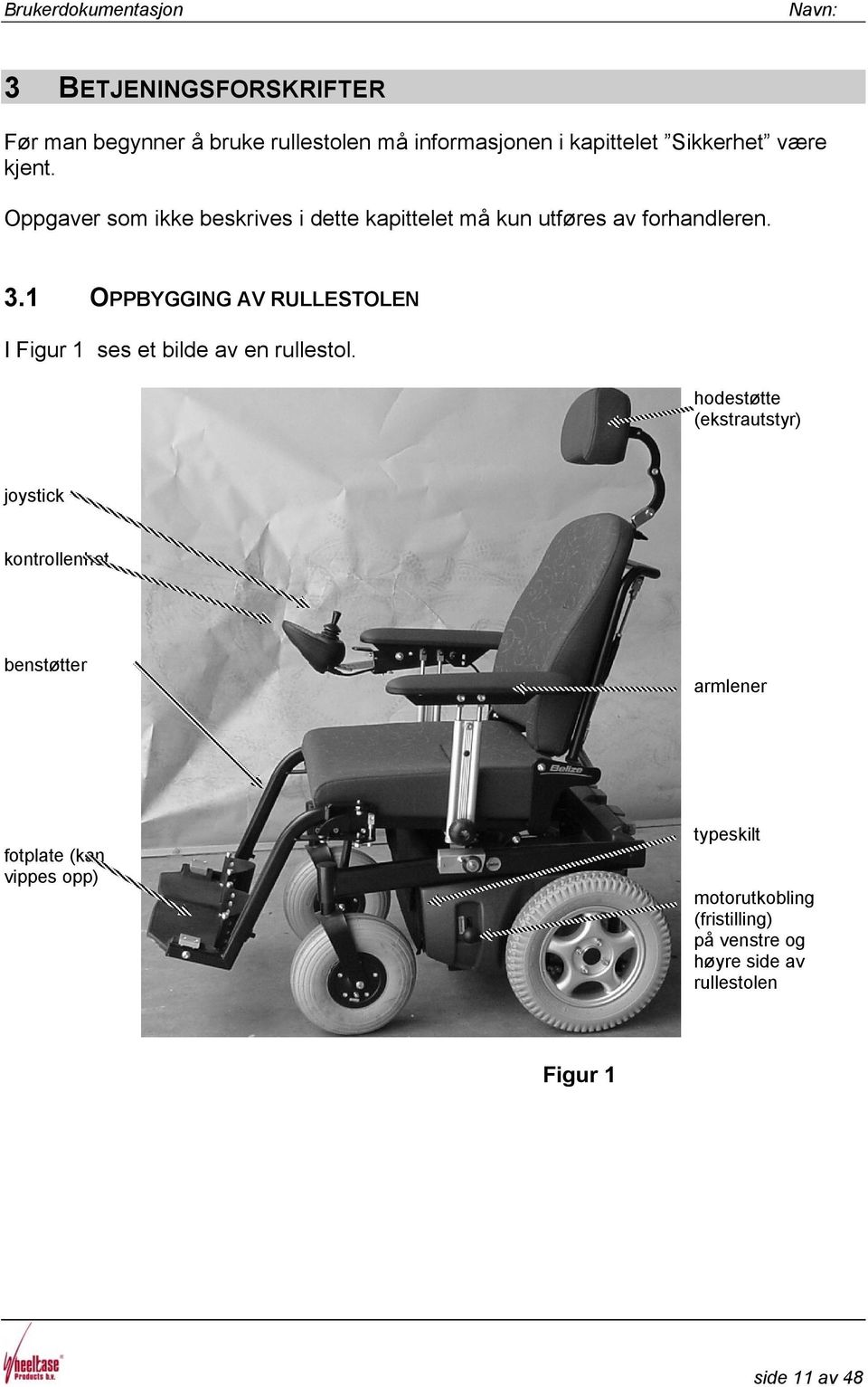1 OPPBYGGING AV RULLESTOLEN I Figur 1 ses et bilde av en rullestol.