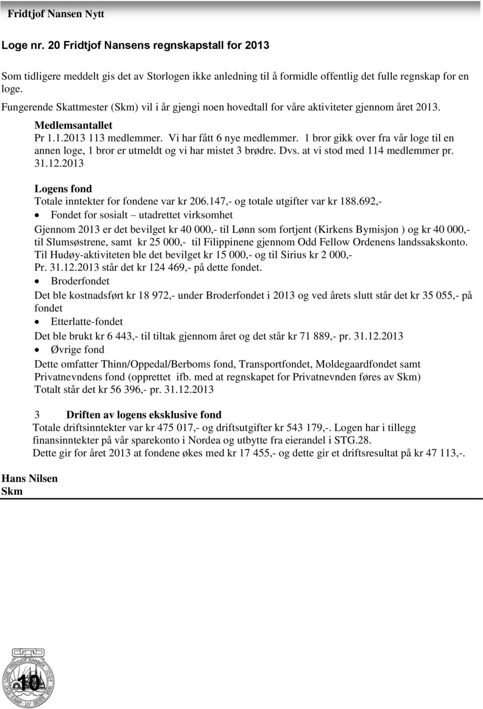 1 bror gikk over fra vår loge til en annen loge, 1 bror er utmeldt og vi har mistet 3 brødre. Dvs. at vi stod med 114 medlemmer pr. 31.12.2013 Logens fond Totale inntekter for fondene var kr 206.