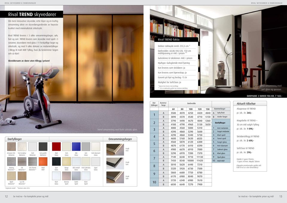 TREND leveres som skyvedør med speil i 3 varianter, skyvedører med glass i 11 forskjellige farger og stiluttrykk, og med 9 ulike dekorer av melaminfyllinger i tillegg til malt MDF fylling, hvor du