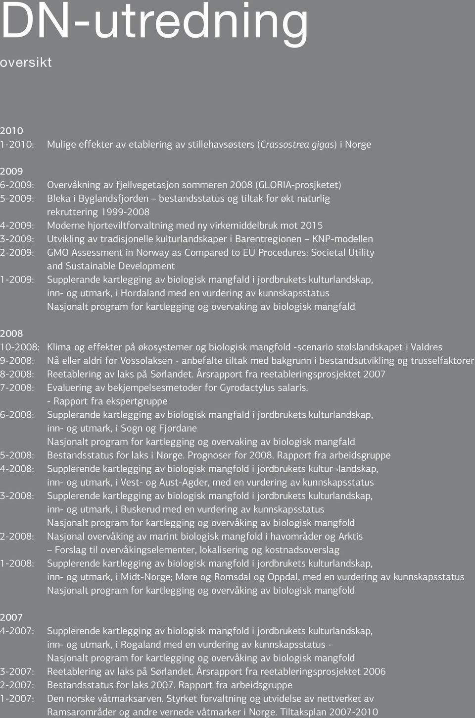 kulturlandskaper i Barentregionen KNP-modellen 2-2009: GMO Assessment in Norway as Compared to EU Procedures: Societal Utility and Sustainable Development 1-2009: Supplerande kartlegging av biologisk