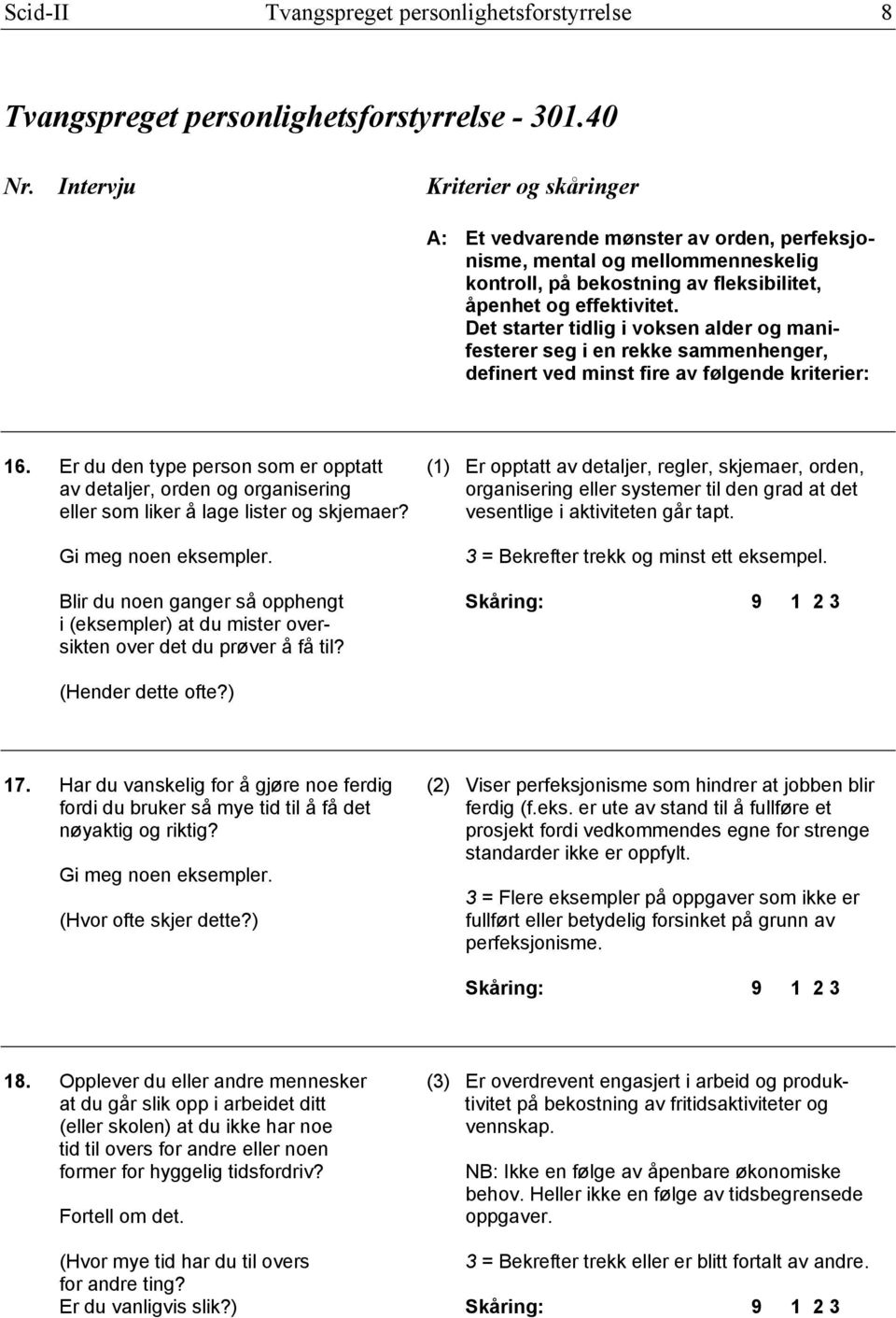 Det starter tidlig i voksen alder og manifesterer seg i en rekke sammenhenger, definert ved minst fire av følgende kriterier: 16.