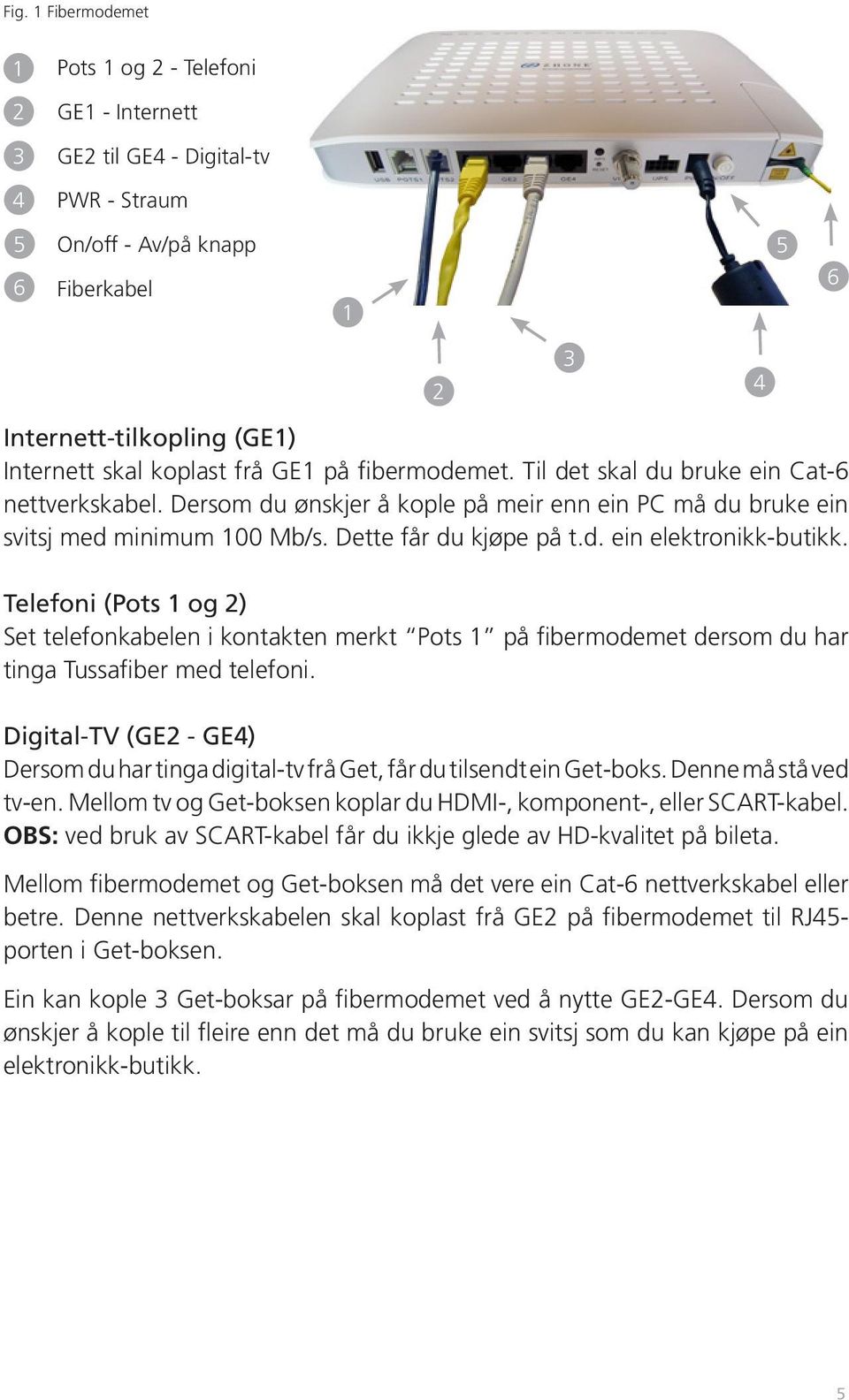 Telefoni (Pots 1 og 2) Set telefonkabelen i kontakten merkt Pots 1 på fibermodemet dersom du har tinga Tussafiber med telefoni.