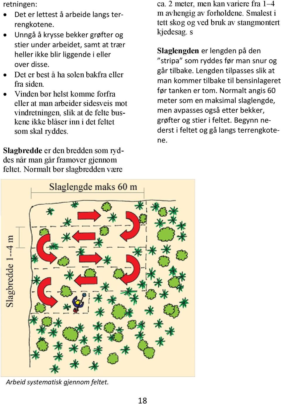 Slagbredde er den bredden som ryddes når man går framover gjennom feltet. Normalt bør slagbredden være ca. 2 meter, men kan variere fra 1 4 m avhengig av forholdene.