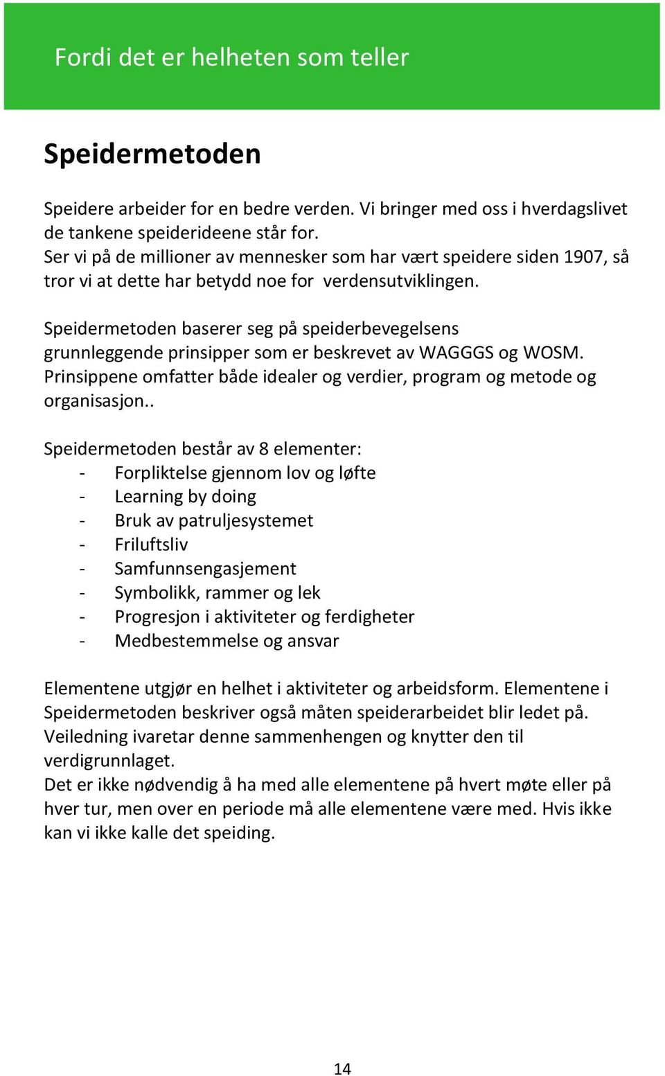 Speidermetoden baserer seg på speiderbevegelsens grunnleggende prinsipper som er beskrevet av WAGGGS og WOSM. Prinsippene omfatter både idealer og verdier, program og metode og organisasjon.