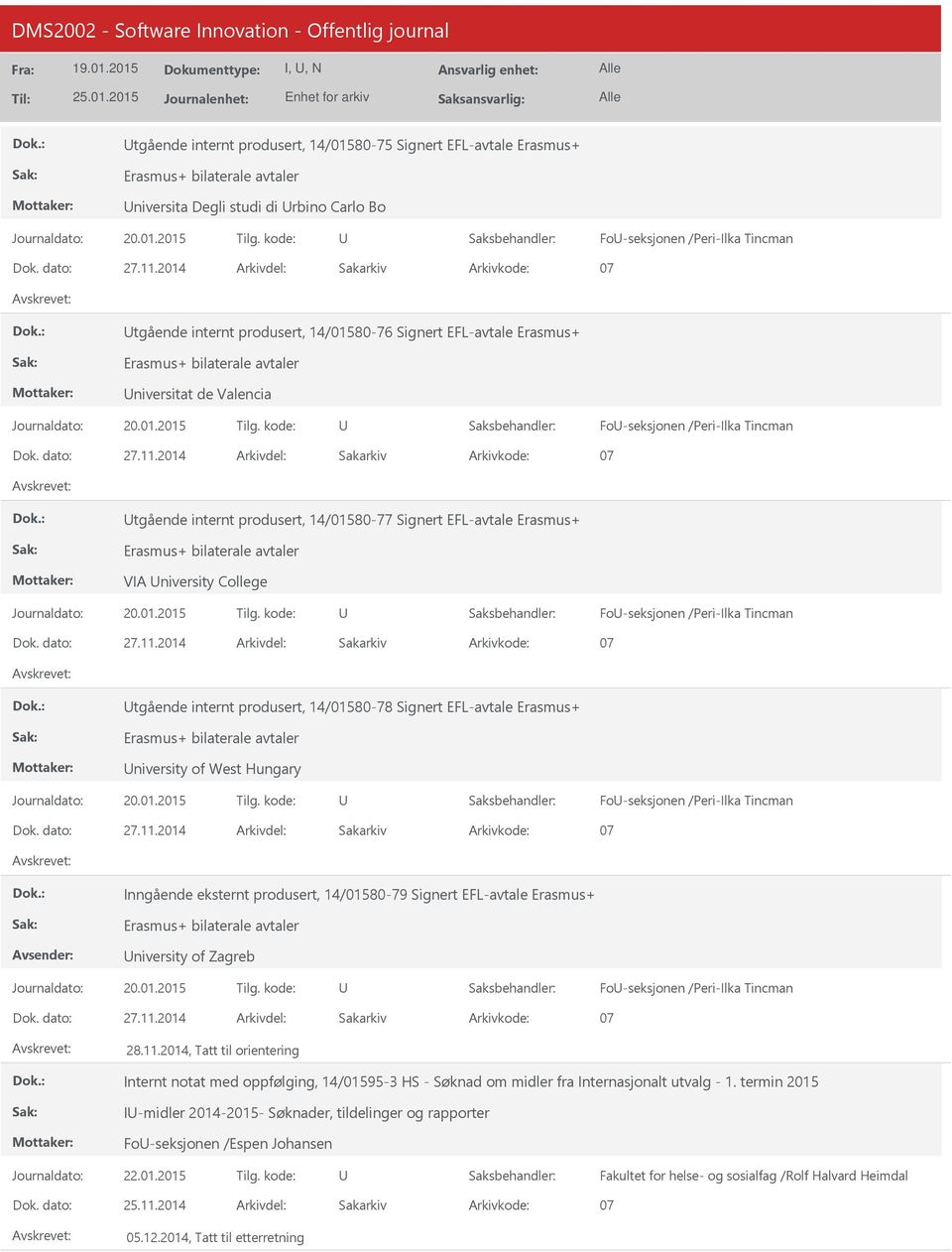 2014 07 tgående internt produsert, 14/01580-77 Signert EFL-avtale Erasmus+ Erasmus+ bilaterale avtaler VIA niversity College Fo-seksjonen /Peri-Ilka Tincman 27.11.