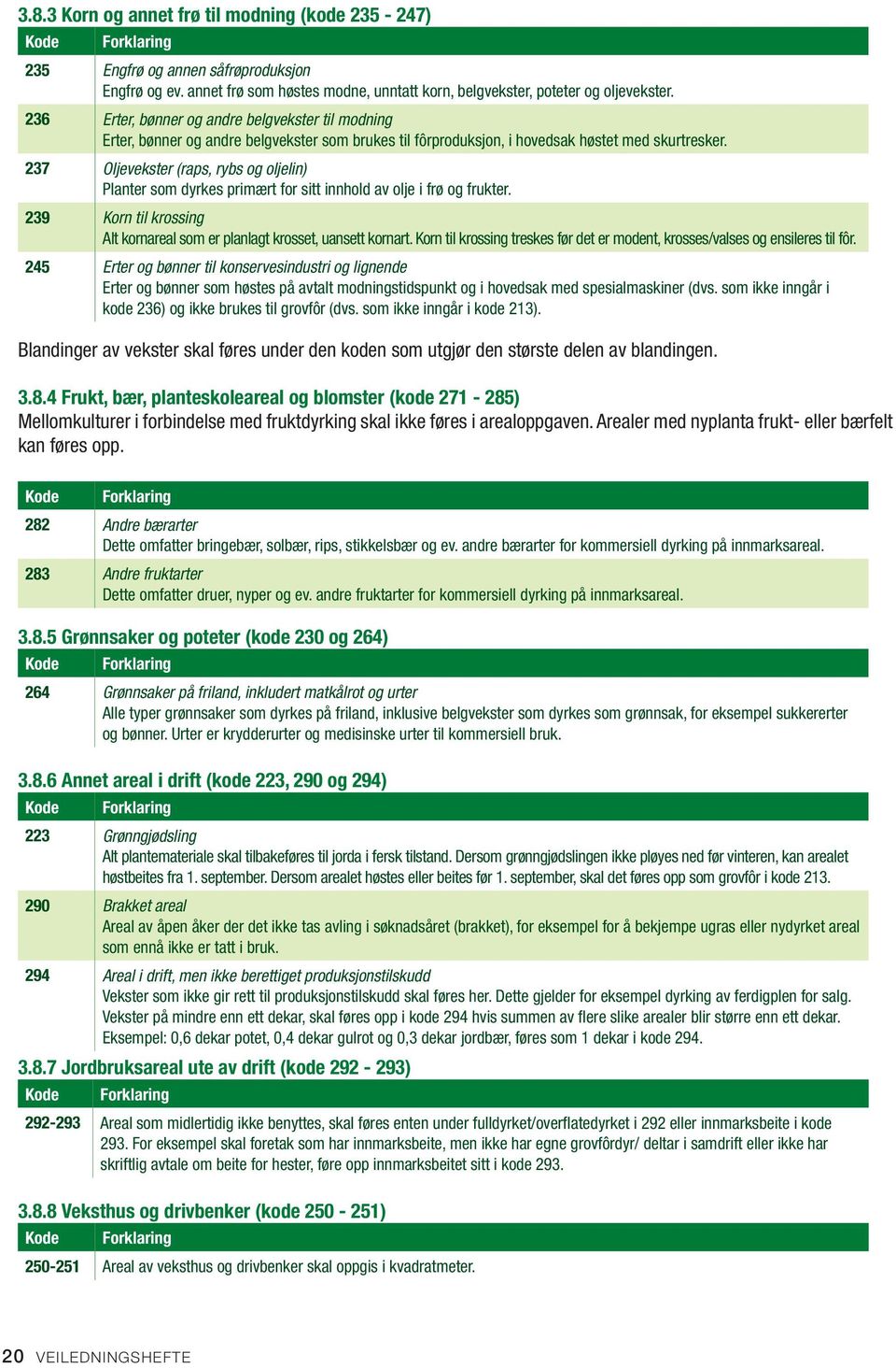 237 Oljevekster (raps, rybs og oljelin) Planter som dyrkes primært for sitt innhold av olje i frø og frukter. 239 Korn til krossing Alt kornareal som er planlagt krosset, uansett kornart.