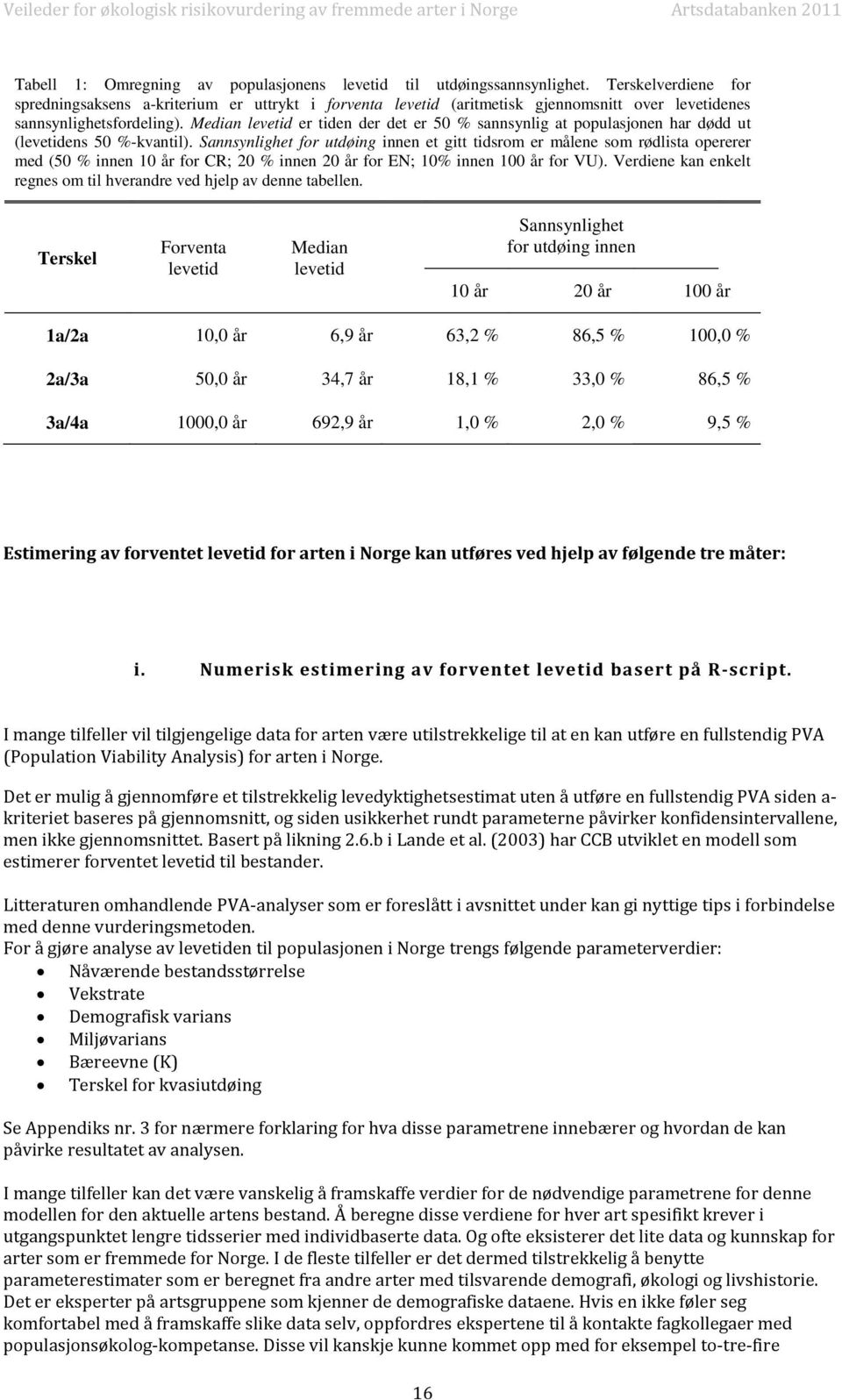 Median levetid er tiden der det er 50 % sannsynlig at populasjonen har dødd ut (levetidens 50 %-kvantil).