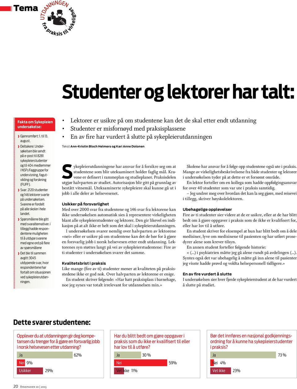 Svar: 2120 studenter og 146 lektorer svarte på undersøkelsen. Svarene er fordelt på alle skoler i hele landet. Spørsmålene ble gitt med svaralternativer.