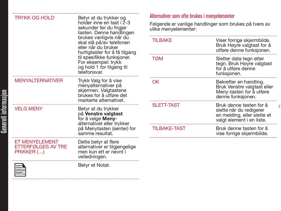 For eksempel: trykk og hold 1 for tilgang til telefonsvar. Trykk Valg for å vise menyalternativer på skjermen. Valgtastene brukes for å utføre det markerte alternativet.