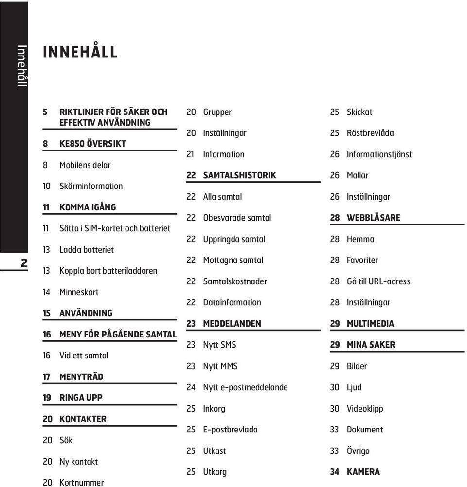 Inställningar 21 Information 22 SAMTALSHISTORIK 22 Alla samtal 22 Obesvarade samtal 22 Uppringda samtal 22 Mottagna samtal 22 Samtalskostnader 22 Datainformation 23 MEDDELANDEN 23 Nytt SMS 23 Nytt