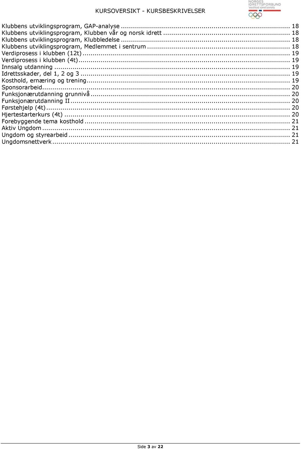 .. 19 Idrettsskader, del 1, 2 og 3... 19 Kosthold, ernæring og trening... 19 Sponsorarbeid... 20 Funksjonærutdanning grunnivå... 20 Funksjonærutdanning II.