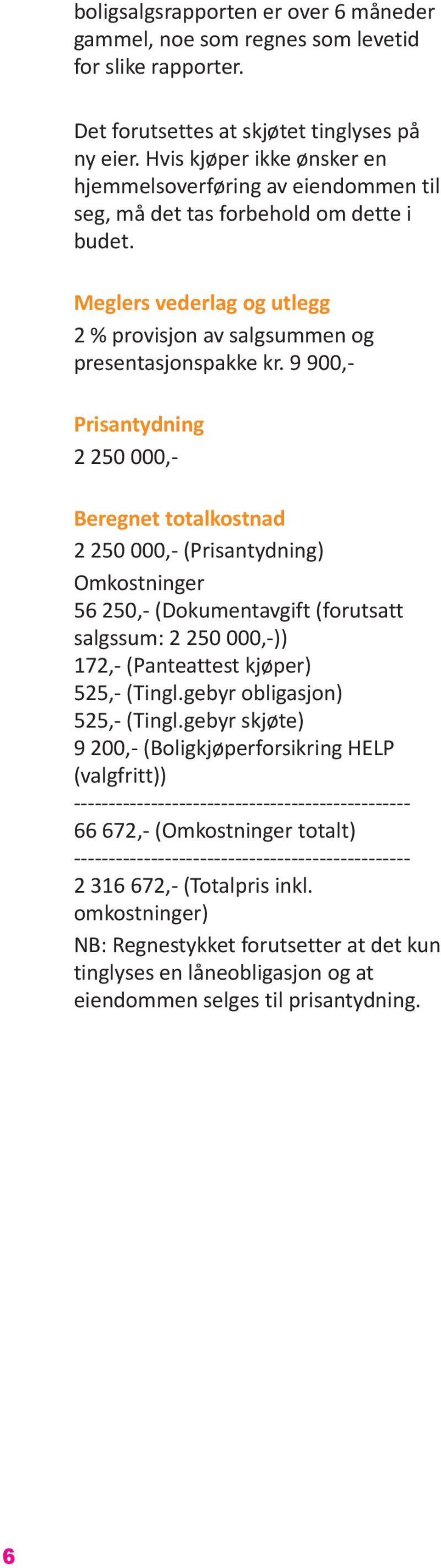 9 900,- Prisantydning 2 250 000,- Beregnet totalkostnad 2 250 000,- (Prisantydning) Omkostninger 56 250,- (Dokumentavgift (forutsatt salgssum: 2 250 000,-)) 172,- (Panteattest kjøper) 525,- (Tingl.