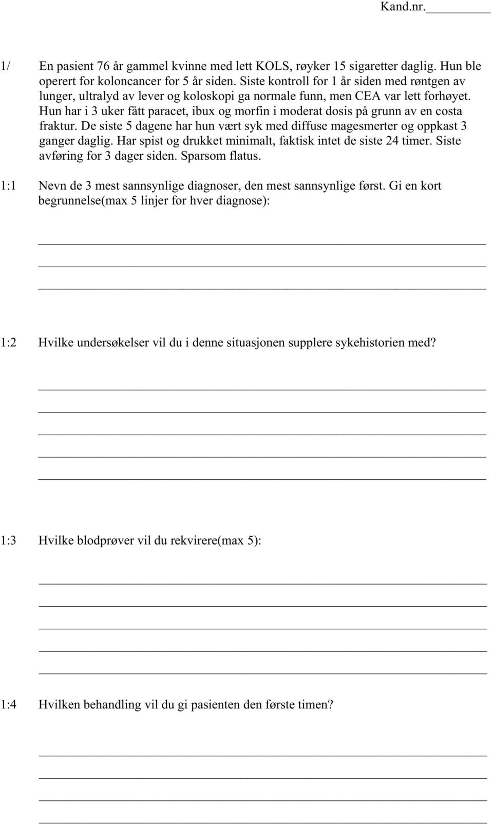 Hun har i 3 uker fått paracet, ibux og morfin i moderat dosis på grunn av en costa fraktur. De siste 5 dagene har hun vært syk med diffuse magesmerter og oppkast 3 ganger daglig.