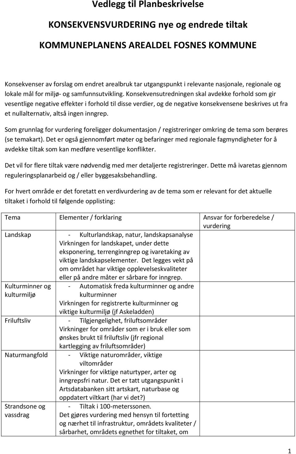 Konsekvensutredningen skal avdekke forhold som gir vesentlige negative effekter i forhold til disse verdier, og de negative konsekvensene beskrives ut fra et nullalternativ, altså ingen inngrep.