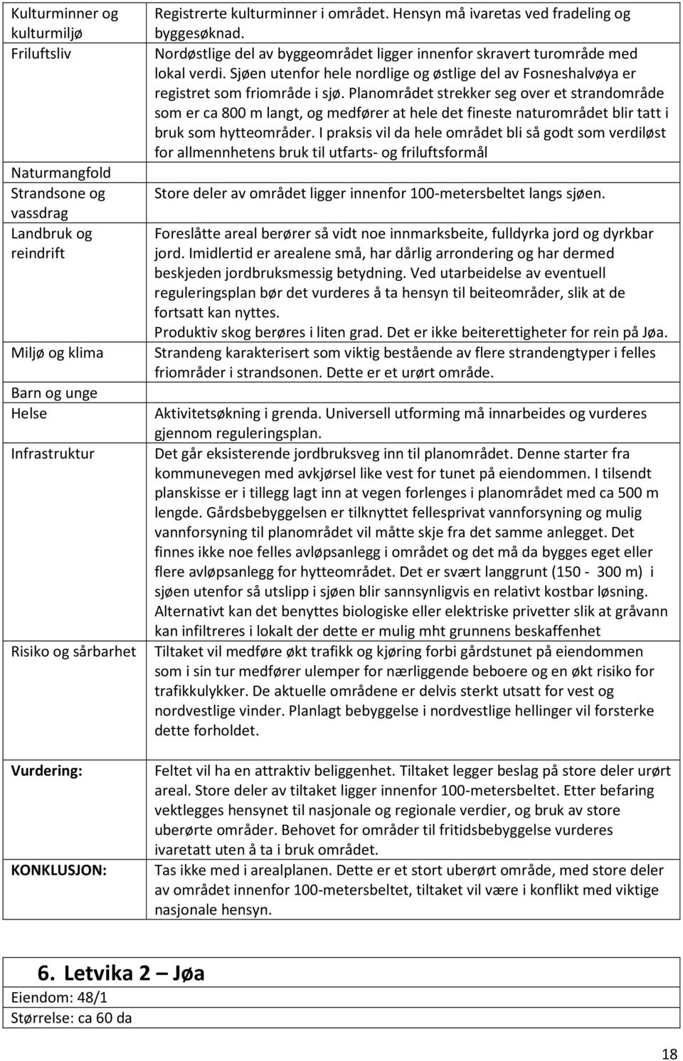 Planområdet strekker seg over et strandområde som er ca 800 m langt, og medfører at hele det fineste naturområdet blir tatt i bruk som hytteområder.