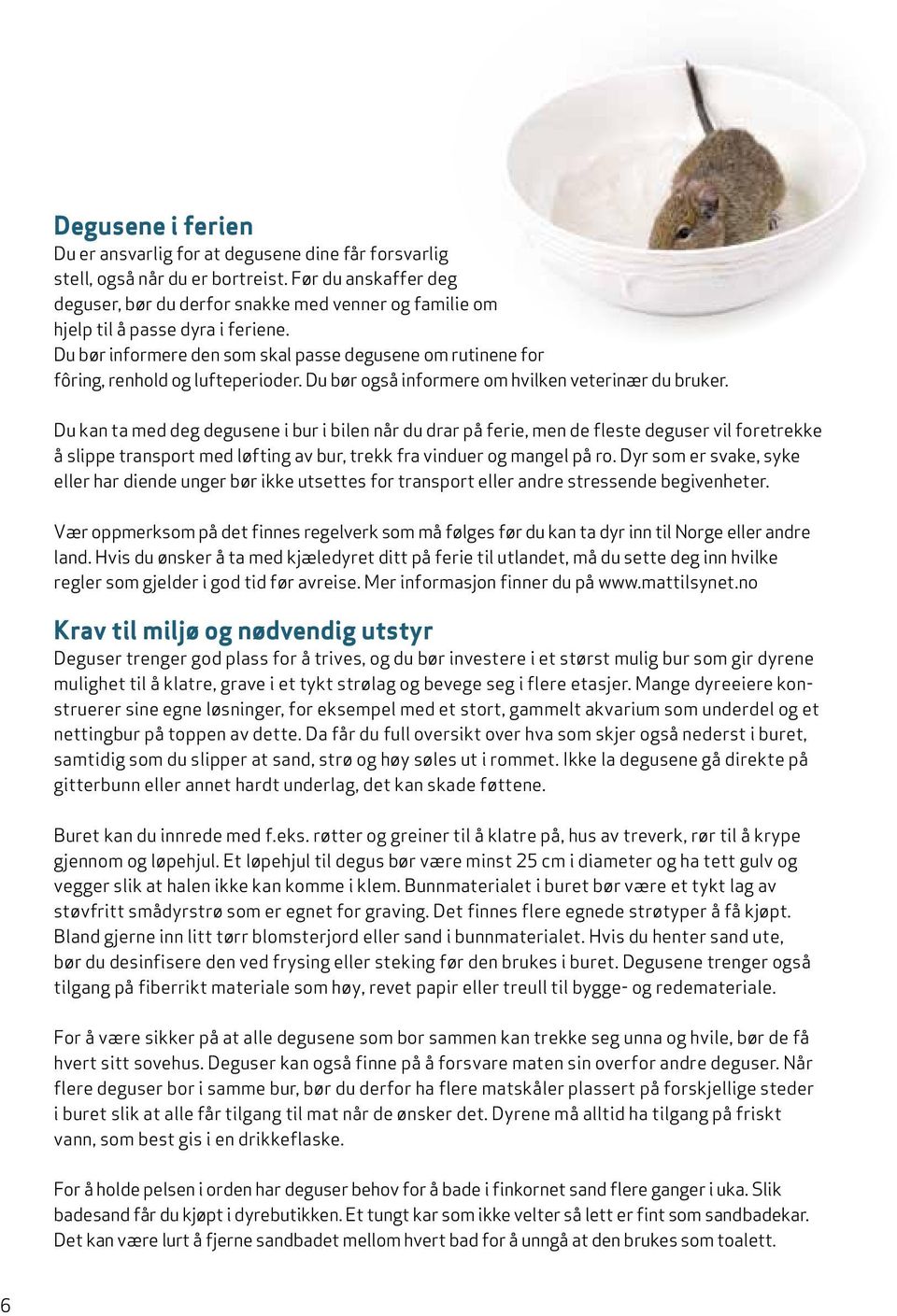 Du bør informere den som skal passe degusene om rutinene for fôring, renhold og lufteperioder. Du bør også informere om hvilken veterinær du bruker.