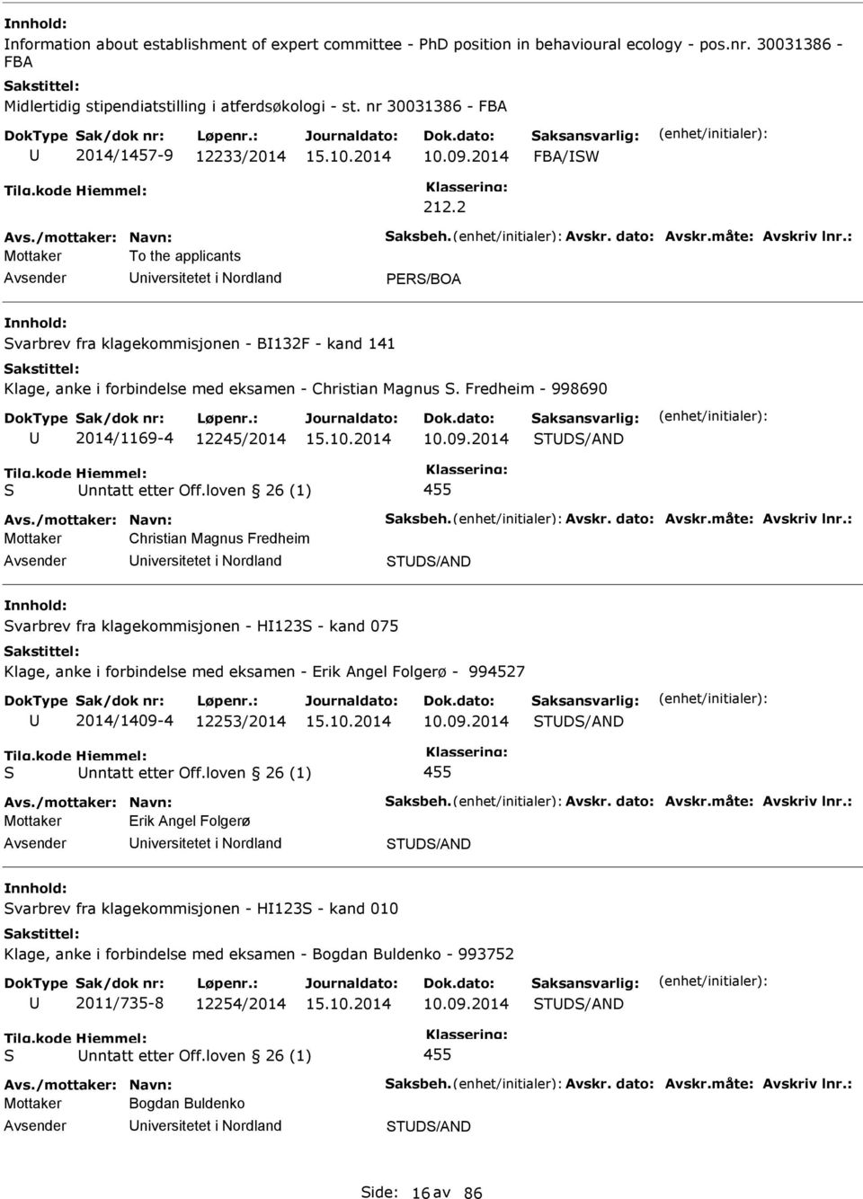 : Mottaker To the applicants niversitetet i Nordland PER/BOA varbrev fra klagekommisjonen - B132F - kand 141 Klage, anke i forbindelse med eksamen - Christian Magnus.