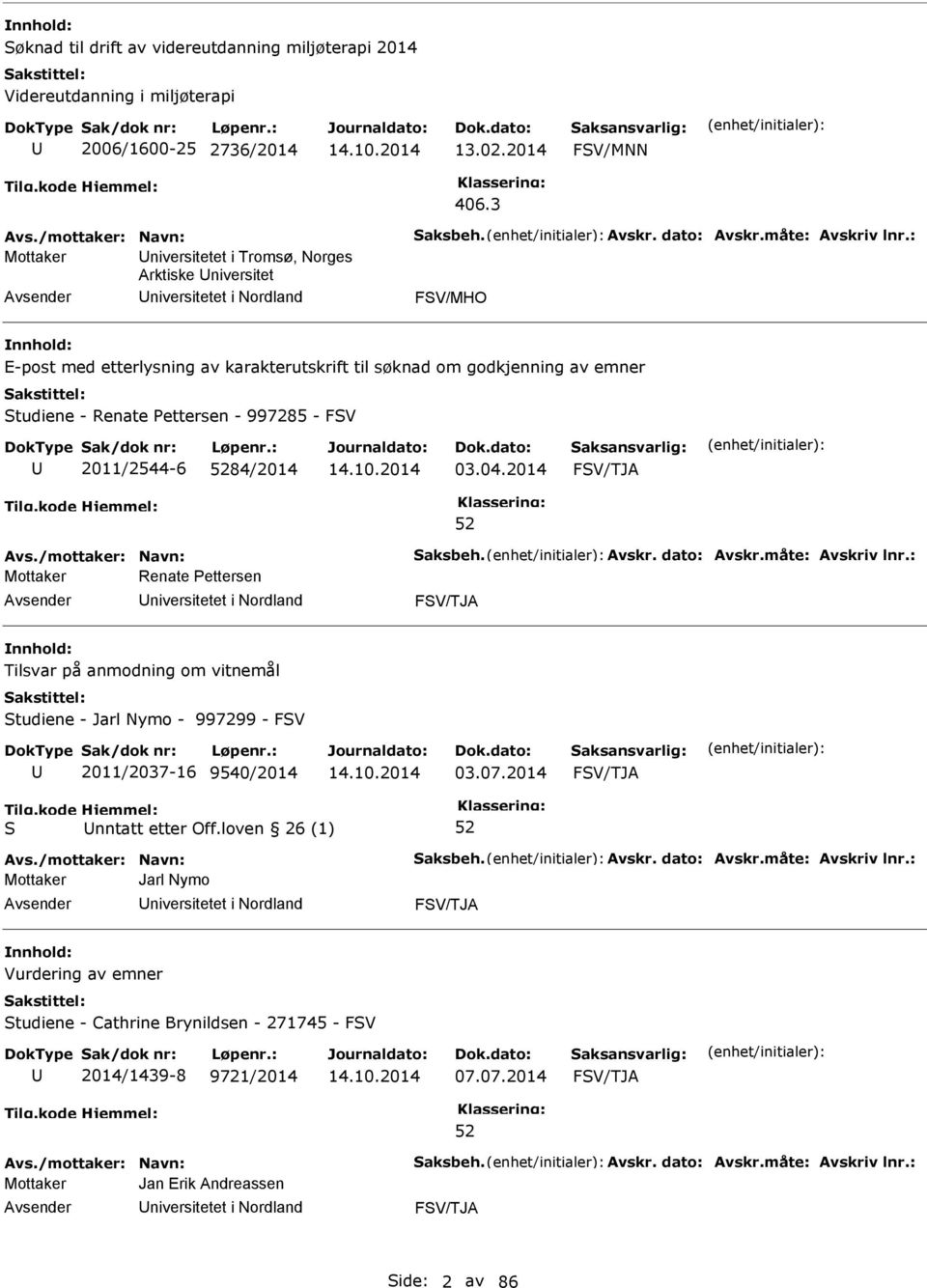 997285 - FV 2011/2544-6 84/2014 03.04.2014 FV/TJA Avs./mottaker: Navn: aksbeh. Avskr. dato: Avskr.måte: Avskriv lnr.