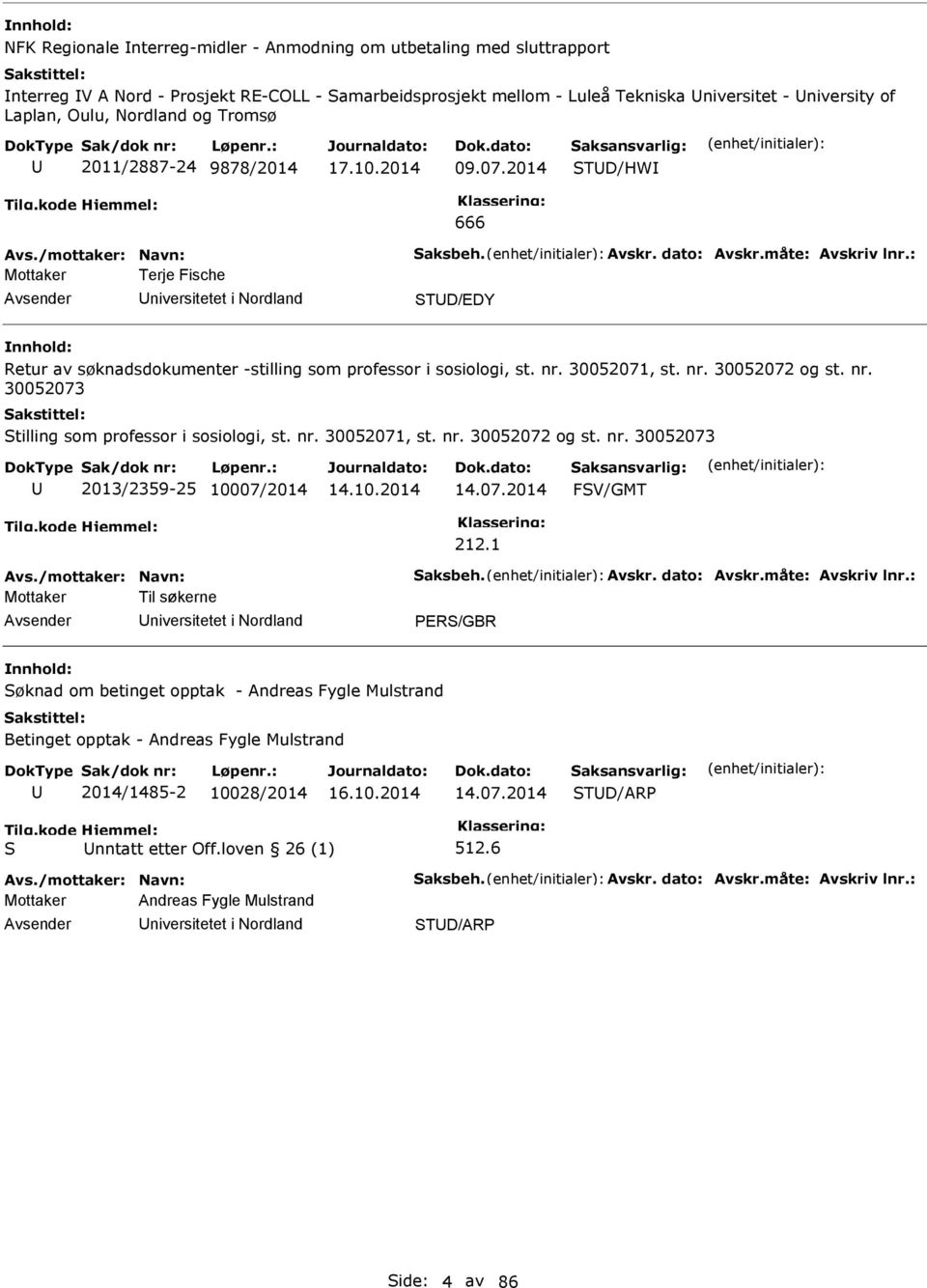 : Mottaker Terje Fische niversitetet i Nordland TD/EDY Retur av søknadsdokumenter -stilling som professor i sosiologi, st. nr. 300071, st. nr. 300072 og st. nr. 300073 tilling som professor i sosiologi, st.